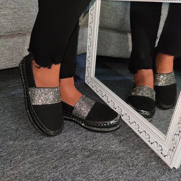 

2021 new women spring flock slip on flat solid bling loafers platform fashion casual ladies shoes ogyx, Black
