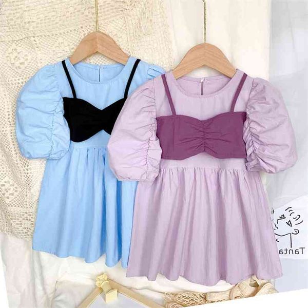 

summer girls' dress fake two-piece wrapped chest short sleeve sweet princess korean style children's baby kids clothing 210625, Red;yellow