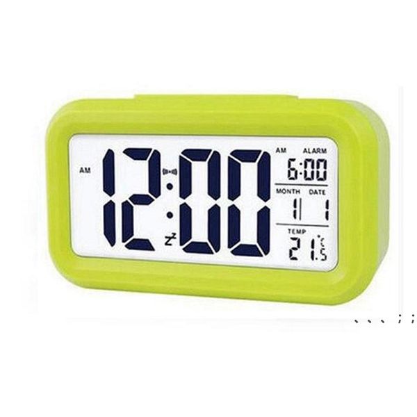 NOVITÀ Sveglia muta in plastica LCD Smart Clock Temperatura Carino Fotosensibile Comodino Snooze digitale Nightlight Calendario RRF13192