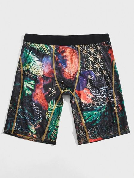 

men random geo & tropical print stitching boxer brief 21dk#, Black;brown