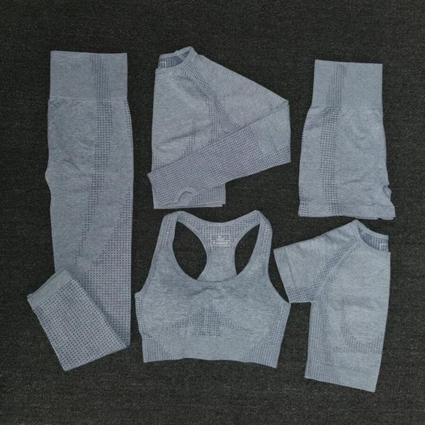 

pcs women 5 seamless yoga set fitness sports suits gym clothing t-shirts+high waist leggings+bra+shorts workout pants sn9j, Gray