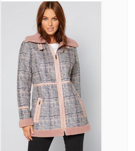 

women's wool & blends foreign trade fashion british style plaid stitching lamb mid length plush coat windproof and warm, Black