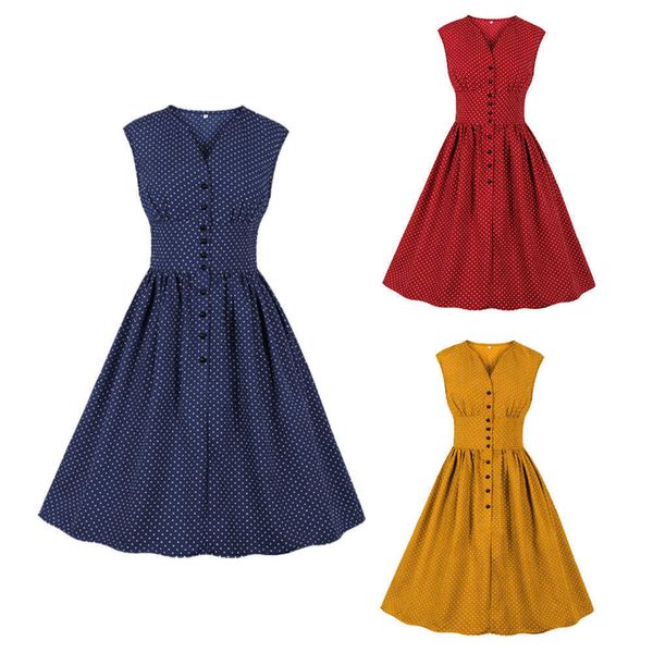 

v-neck red dresses waist slim button sleeveless polka dot dress, Black;gray