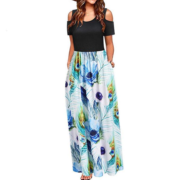 

2021 summer dress women cold shoulder floral print elegant maxi long dress plus size ladies casual beach dress sundress#j30 ix22, Black;gray