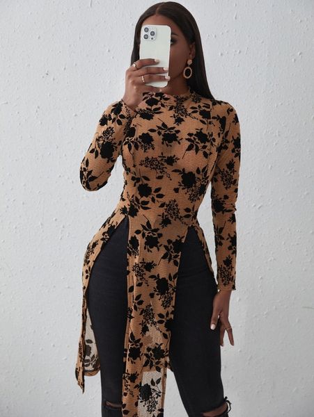 

sxy mock neck floral pattern split side tee k4ec#, White