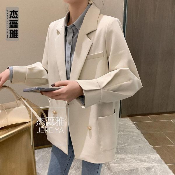 

women's suits & blazers autumn women blazer dobule breasted folds sleeve solid color black beige elegant veste femme chaqueta mujer, White;black