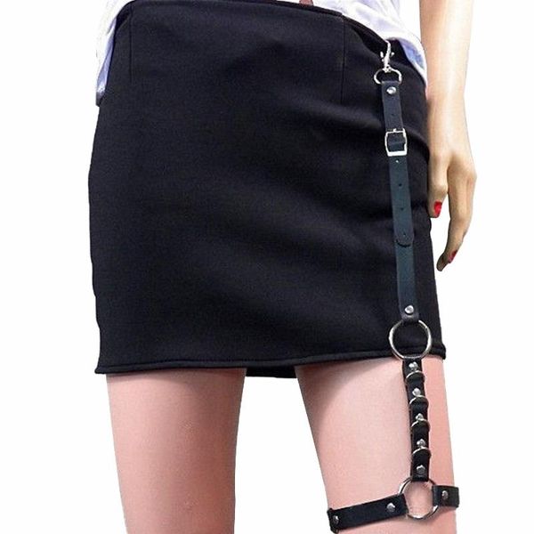 

belts women adjustable length leg loop artificial leather skirt punk belt with metal chain durable dance party hiphop rock, Black;brown