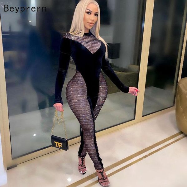 

beyprern sparkle sequins patchwork velvet jumpsuits rompers women chic mock neck black skinny bodysuit party club overalls, Black;white