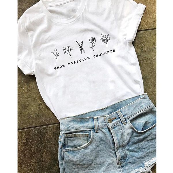 

grow positive thoughts t-shirt vintage women floral print tshirt summer inspired slogan graphic boho tee mental health shirt, White