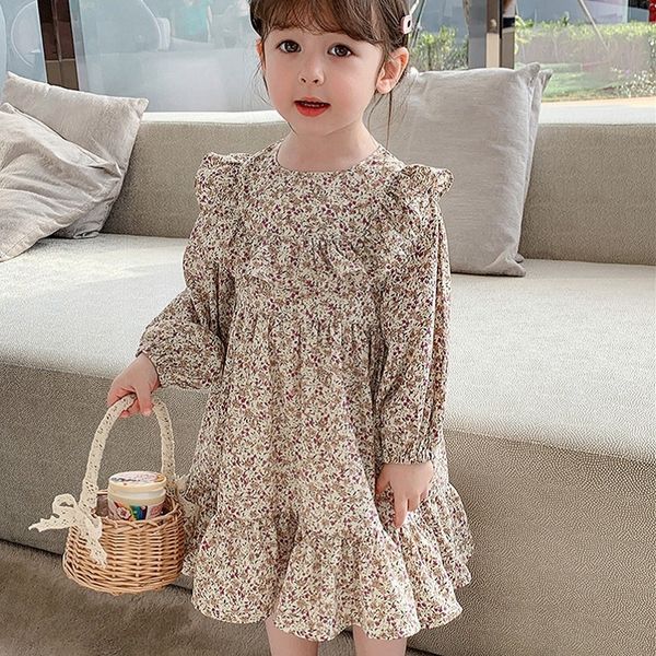 Queda flor meninas vestidos coreano moda manga longa princesa vestido bonitinho crianças traje vestidos vestidos mola traje 210303