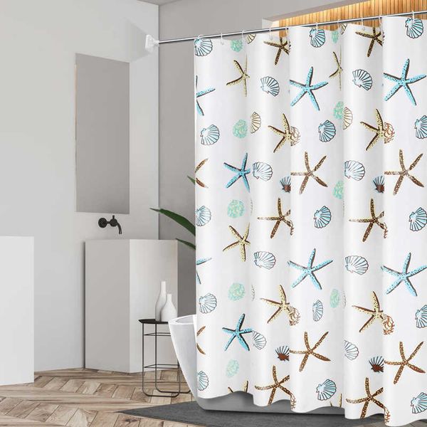 Set di tende da doccia impermeabili con 12 ganci Tende da bagno stampate a forma di stella marina Tessuto in poliestere a prova di muffa per la decorazione domestica 210609