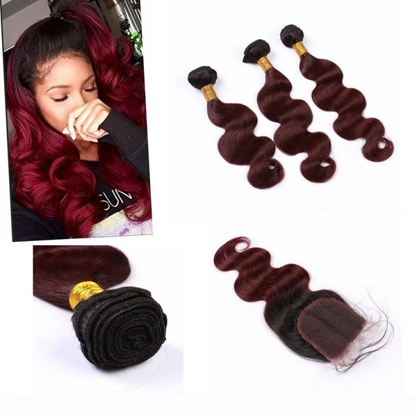 

brazilian ombre virgin bundles with closure dark root 4" * 4" brazilian ombre bundles with closure #1b #99j color, Black;brown