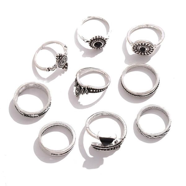 

cluster rings fashion retro national styletriangle geometric ring for women exaggerated gem combination 9 piece women's party set punk, Golden;silver
