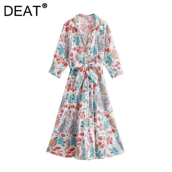 

casual dresses [deat] 2021 autumn fashion tide long sleeve turn-down collar single-breasted high waist printing dress women 13z584, Black;gray