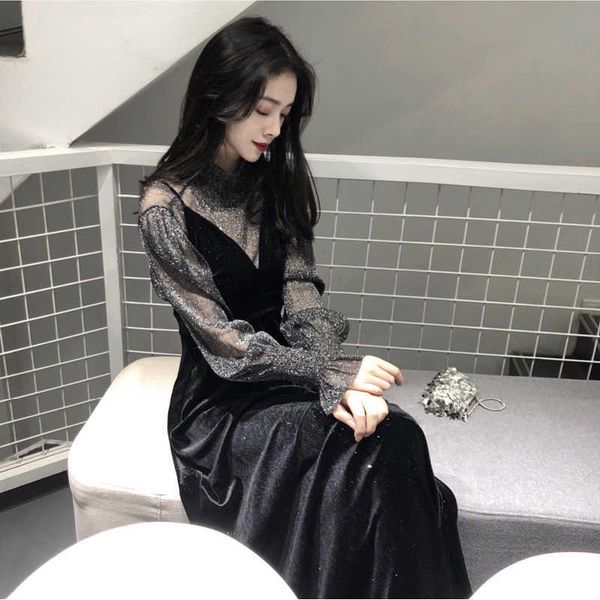

suspender dress overall + short sleeve lace loose o-neck two-piece women sets 210601, Black;gray