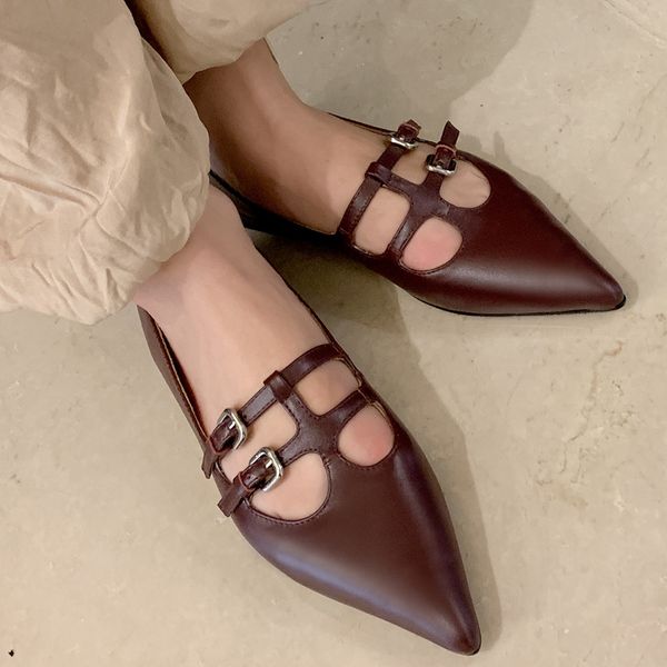 

womens genuine leather double metal buckle pointed toe slip-on ballerinas retro casual ballet flats soft comfortable daily shoedress shoes, Black