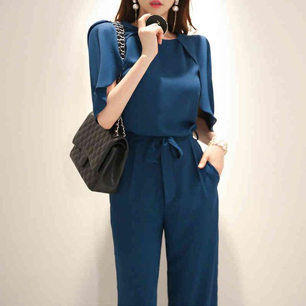 

women's two piece pants summer long jumpsuit women lace up romper office lady female elegant short sleeve eys9, White