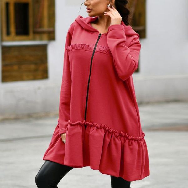 

casual dresses wram winter loose style hooded dress women o neck long sleeve solid color short ruffles patchwork vestidos 2021, Black;gray