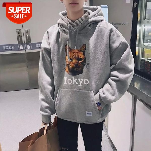 

harajuku streetwear fleece black hoodie loose casual cat sweatshirt men pullover solid color male #yi8g