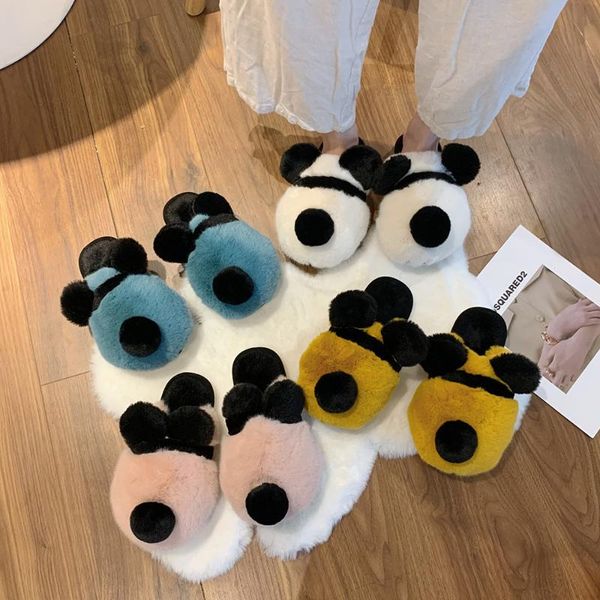 

slippers women 2021 autumn panda head color matching cute plush baotou tow outside women's shoes, Black