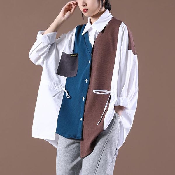 

women's polos 2021 early autumn contrast color stitching shirt women korean loose casual trend street, White