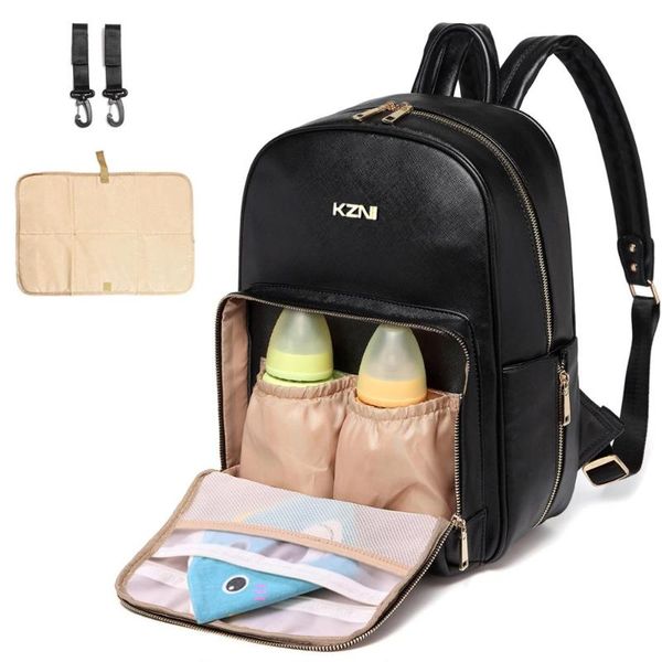 

backpack kzni diaper bag backpack, pu leather multi-function waterproof maternity baby nappy tote bags for mom - large capacity mami