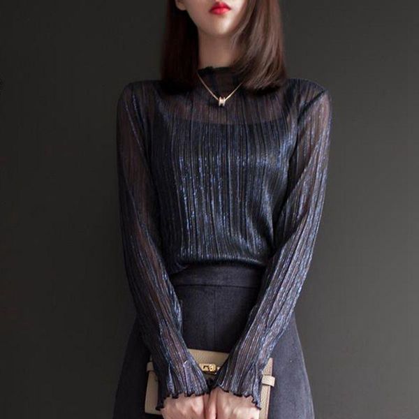 

women's blouses & shirts women blouse bright yarn mesh long sleeve flash silk lace chiffon shirt blusas ropa de mujer, White