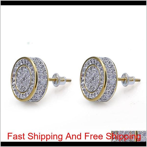 

hip hop screwback stud earrings cylinder shape shining white zircon dangle earrings gold plated vintage geometric jewelry wholesale sn seapg, Golden;silver