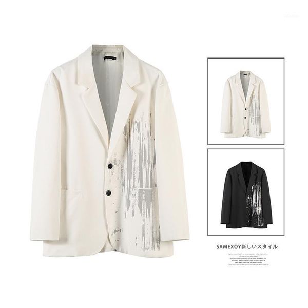 

men's suits & blazers print design white for men japanese style harajuku streetwear loose black single breasted jackets casual clothing, White;black