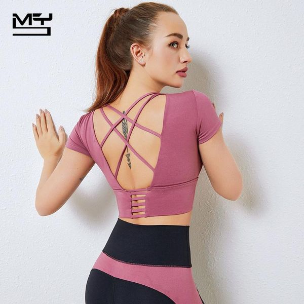 

mys yoga cross back fitness absorption sweat absorption quick drying sports t-shirt push-up elastic gym pullover, White;red