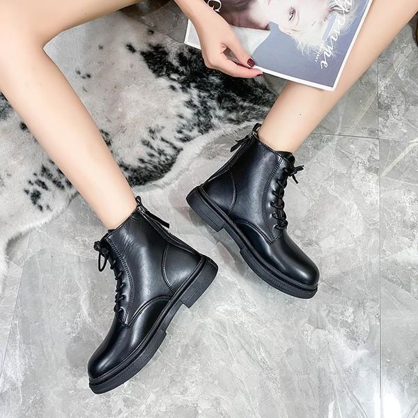 

boots 2021 fashion autumn winter women's lace up combat boot with zip ankle booties pu leather black thick heels