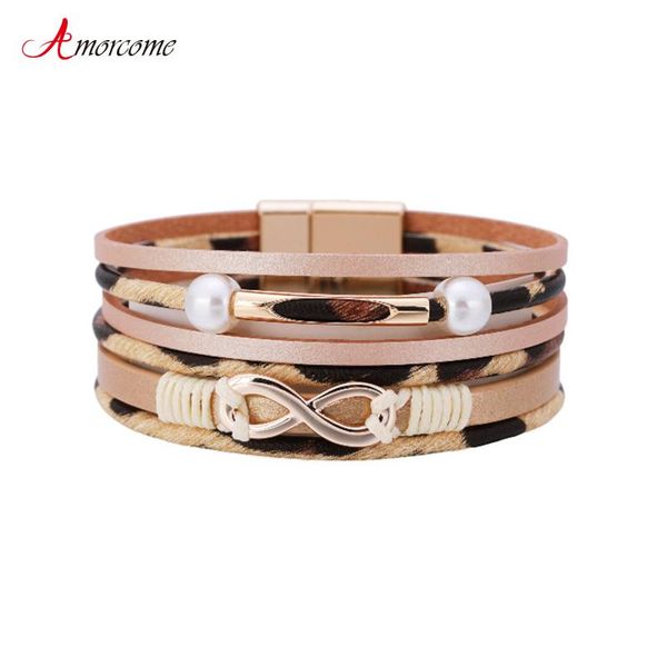 

tennis amorcome ethnic vintage leopard print wrap bracelets bohemian pearls metal tube charm bracelet with magnetic clasp jewelry gifts, Golden;silver