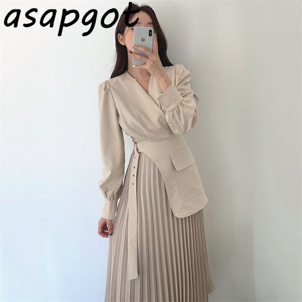 

korean chic temperament v-neck cross belt patchwork fake two-piece pleated dress long vintage plus size vestidos gentle slim 210706, Black;gray