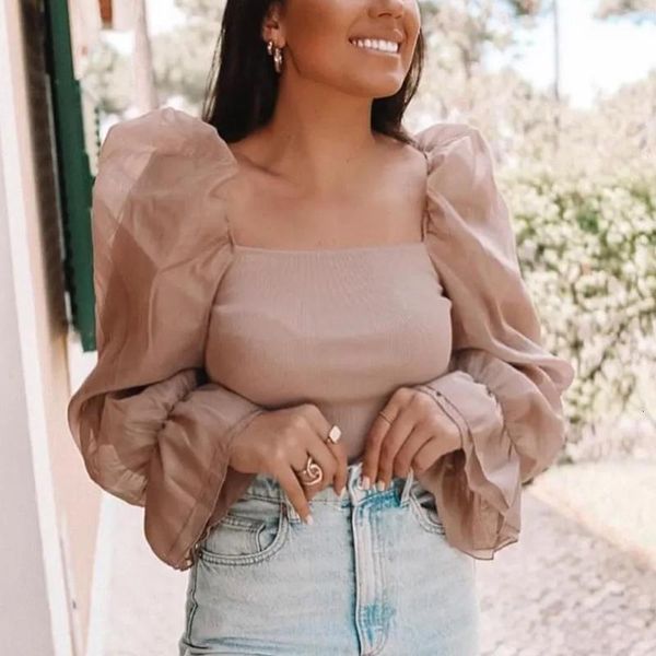 

elegant women bomb knitted 2021 summer fashion ladies transparent mesh sleeve short blouses party sweet girls chic, White