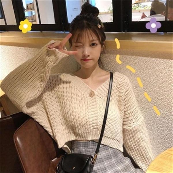 

women's knits & tees fashion women plain button sweater long sleeve v neck knitted jumper ladies solid loose cardigan, White