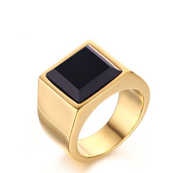 

retro inlaid black agate men's domineering ring exquisite gold titanium steel rectangle gem ring jewelry, Golden;silver