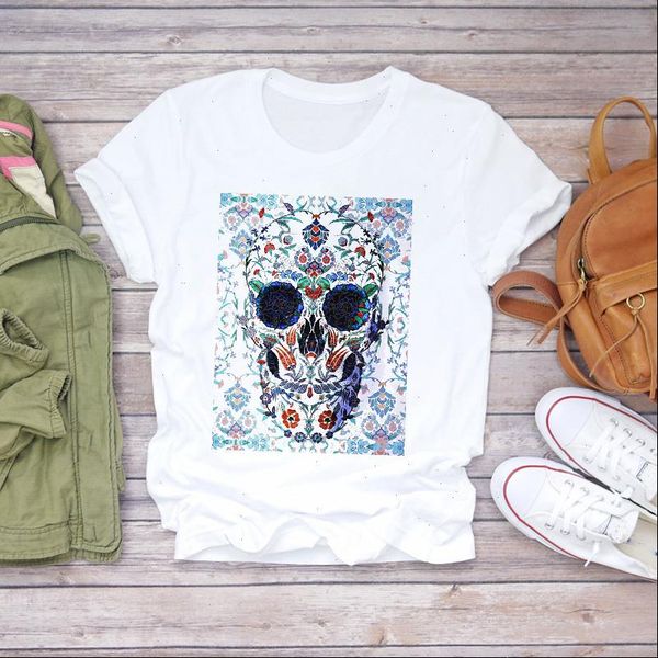 

women 2021 skull floral 90s flower fashion style cute print lady t shirts womens t shirt ladies graphic female tee t, White
