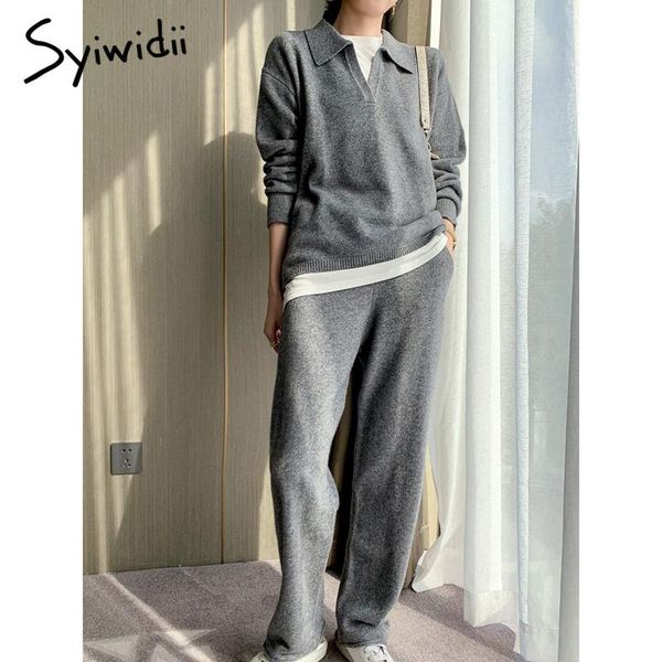 

women's two piece pants syiwidii 2 pieces set women tracksuit sweater pullover straight 2021 fall winter knitted outwear suit spandex c, White