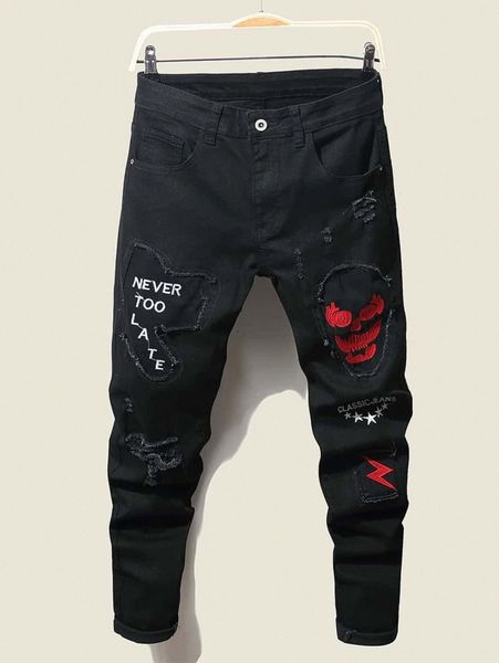 

men slogan & skull embroidery raw cut skinny jeans f449#, Blue