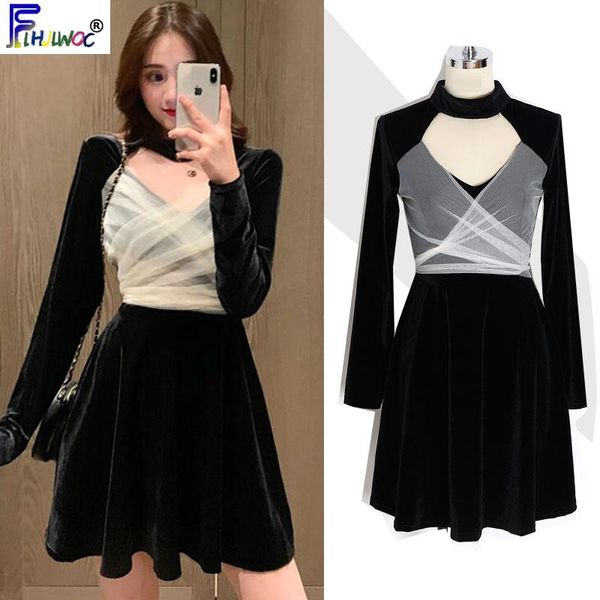 

casual dresses 2021 spring year party club night date v neck a line little black patchwork hollow out bow tie mini dress, Black;gray