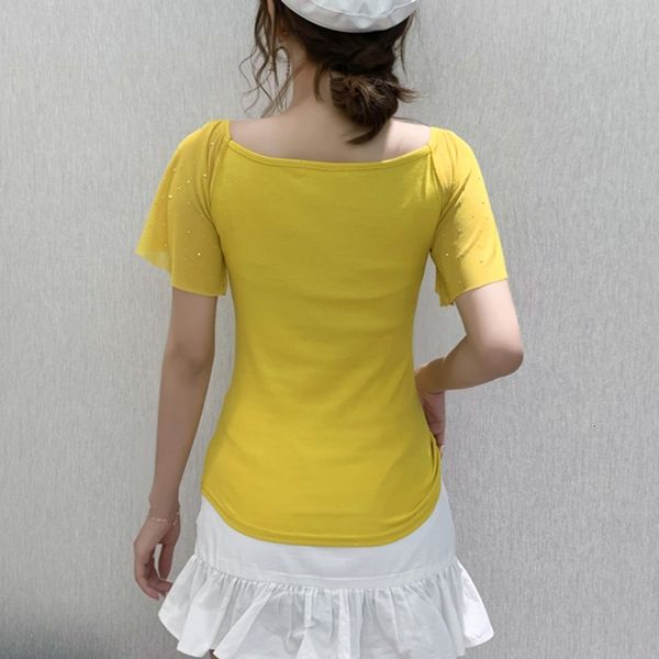 

2021 summer fashion korean clothes t-shirt v-neck diamonds cotton women ropa mujer ruffled sleeve tees all match new t07601 d1dl, White