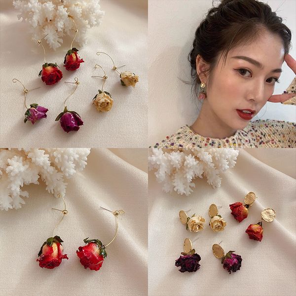 

budrovky french retro gentle temperament handmade eternal rose dried real flower earrings for women dangle jewelrydio chan contact, Silver