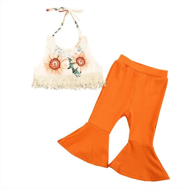 

children girls summer outfits trousers suit sweet sunflower halter tassels and solid color trumpet pants fashion clothing, White