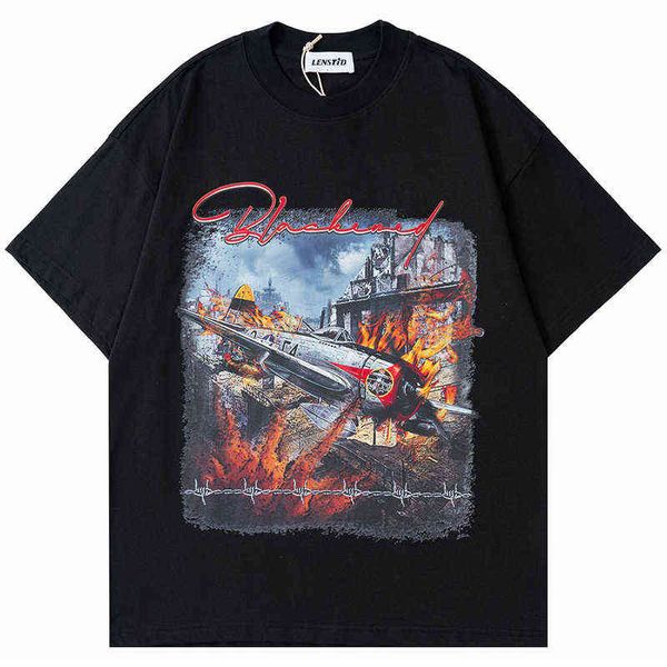 Männer 2022 Hip Hop Kurzarm T-Shirt Flugzeug Feuer Flamme Gedruckt T Shirt Streetwear Harajuku Baumwolle Lose T-shirt Tops Tees schwarz G1217