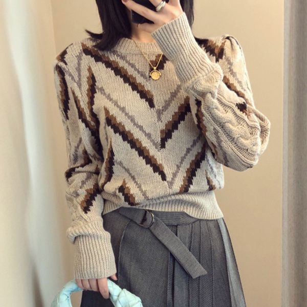 

2021 new stripes geometric pattern sweater women's o-neck casual long sleeve knit jumper im5c, White;black