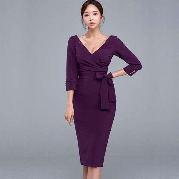 Vestido roxo Senhoras Coréia OL Temperamento V-decote em V Luva comprida com Escritório feminino Midi Vestidos para mulheres roupas 210602