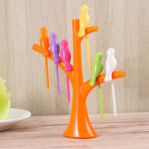 

forks 6pcs bird shaped fruit and 1pc tree holder toothpick tool for party home decor (orange)