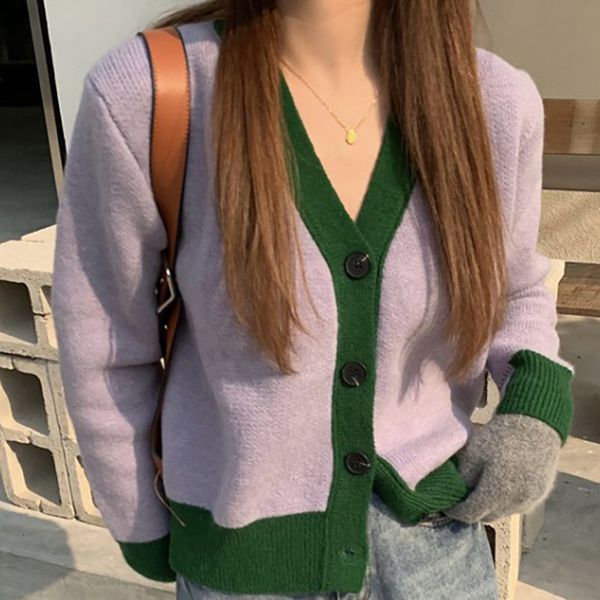 

women's sweaters korean style blouse with v-cleavage, women's loose clothing for fall and winter, patchwork, long sleeve, knitted, White;black