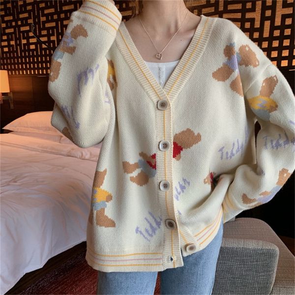 

cute cartoon bear cardigan women casual loose long sleeve button outwear autumn winter korean warm knitting jumper, Black;gray