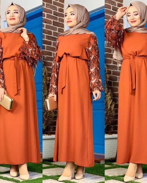 

casual dresses dubai arab kimono muslim hijab dress women sequin tassel lace-up big swing abaya turkish kaftan robe islamic clothing, Black;gray